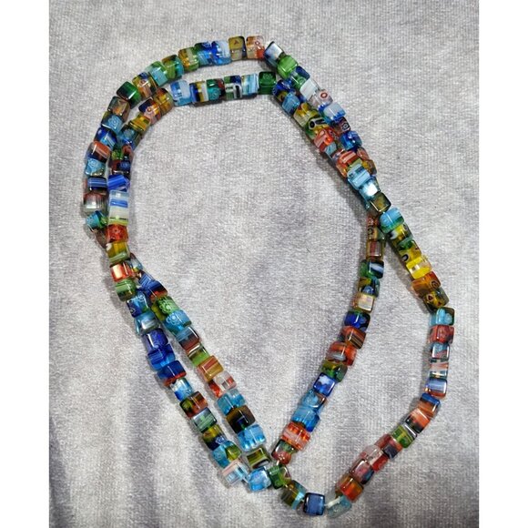 Rainbow Millefiori Glass Cube Beaded Necklace - Picture 6 of 6